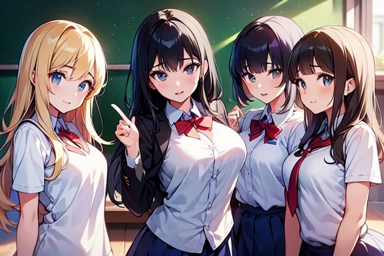 4girls,quartet,squad,cowboyshot,pov,beautiful detailed eyes, detailed lips, long eyelashes, bright and vibrant colors, natural lighting,(best quality, 4k, highres), ultra-detailed, soft and smooth texture, no distractions, dreamlike sensation, slight bokeh effect,highlighting her figure,deformed and independented breasts,schooluniform,side by side,Different posing,surrounded by girls,(small breasts:1.2),Attractive girls,longing