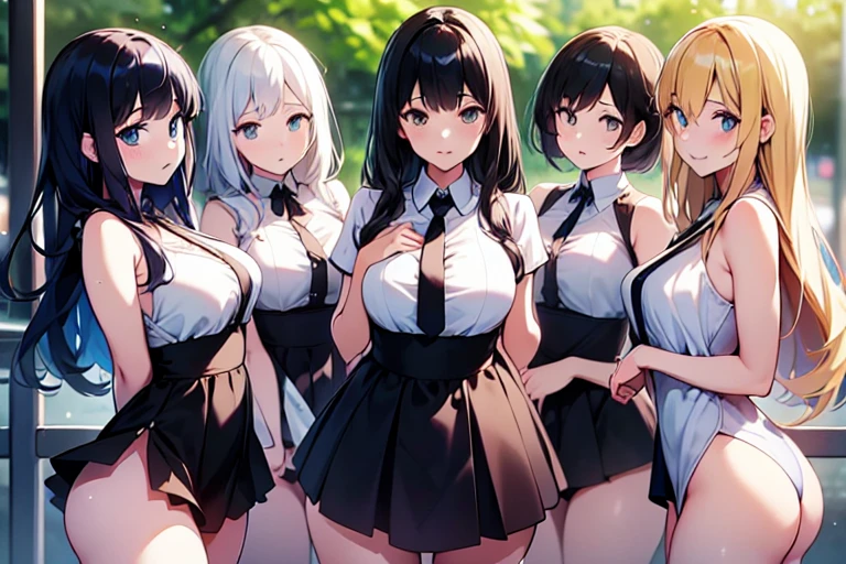 4girls,quartet,squad,cowboyshot,pov,beautiful detailed eyes, detailed lips, long eyelashes, bright and vibrant colors, natural lighting,(best quality, 4k, highres), ultra-detailed, soft and smooth texture, no distractions, dreamlike sensation, slight bokeh effect,highlighting her figure,deformed and independented breasts,side by side,Different posing,surrounded by girls,(small breasts:1.2),Attractive girls,longing,public facility