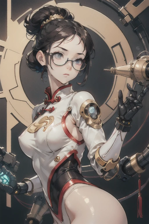 1 chica, a girl in cybernetic chinese costume, dynamic pose, dynamic angle, ciberpunk, upper body photo new cyber chinese style suit_glasses alphonse mucha jakubrozalskistyle ciberpunk android-seams reelmech Painted poster