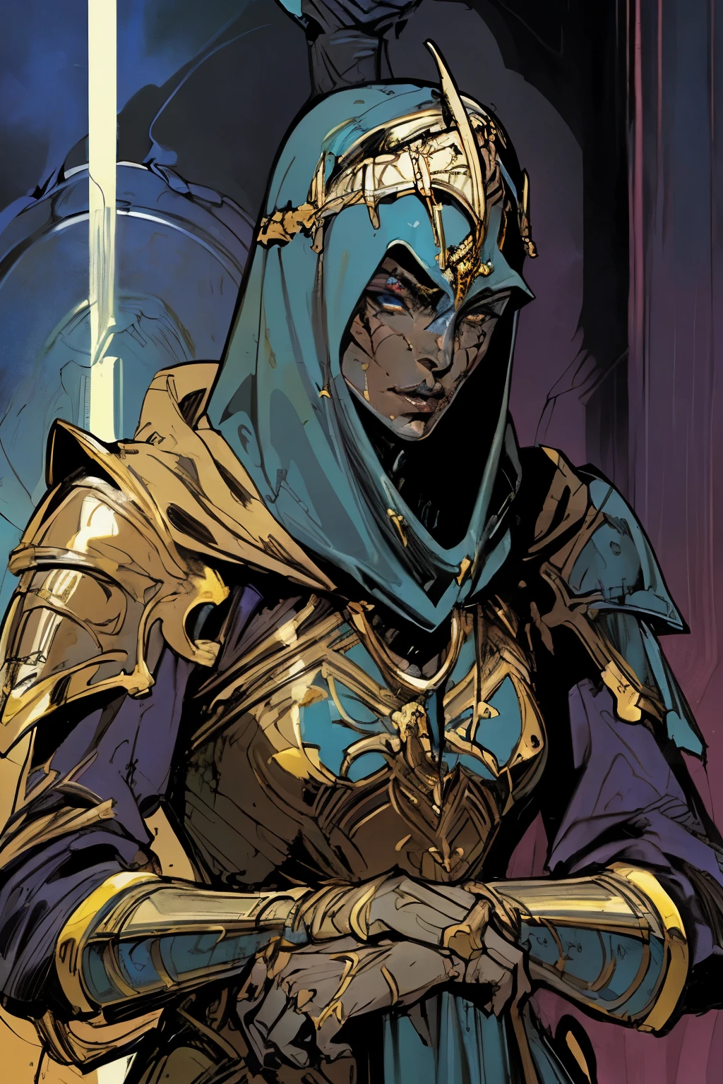 crusader, detailed beautiful armor, (elegant headdress over hood), blue skin, scars around mouth, fantasy, SCI-FI, muscular, (androgynous facial features), 1female,  in the style of     Jean Giraud,