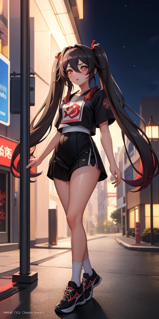 masterpiece, best quality, HuTaoV4, 1girl, solo, blush, twintails, long hair, hair between eyes, ((streetwear clothes)), city, outdoors, night, movie poster, extremely detailed 8K, smooth, high resolution, ultra quality, cinematic lighting, ambient occlusion, hd, 2k, 4k, 8k, 16k, extremely detailed anime, detailed faces, perfect composition, wide shot, atmospheric lighting, 