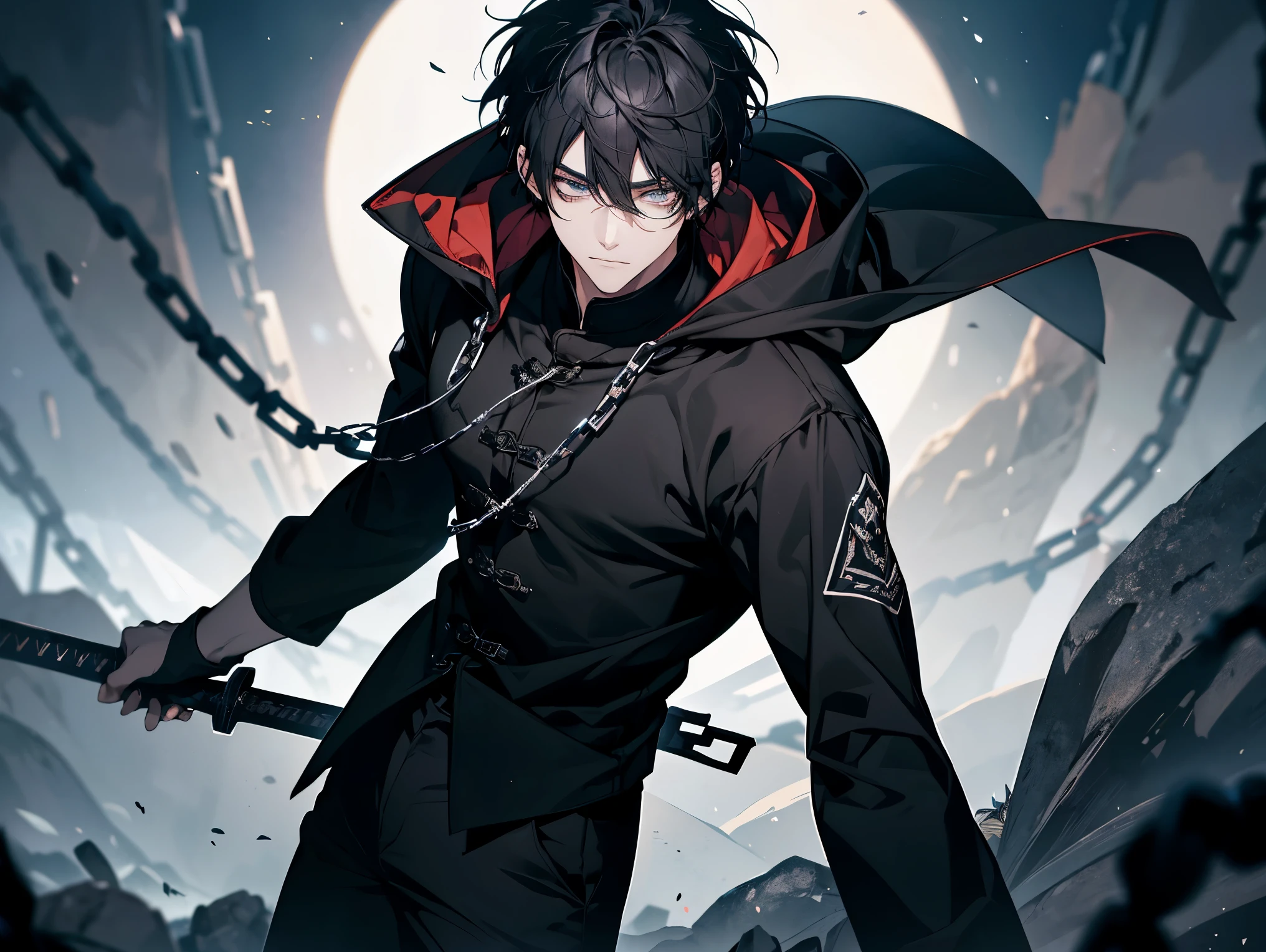 1 male, teacher, wearing black shirt, rolled up sleeves, black long pants, black hair, short hair, face to detail, detailed eyes, dark grey eyes, hood, the background is space in china. In a fighting position. Silver chains everywhere. Holding a sword standing.