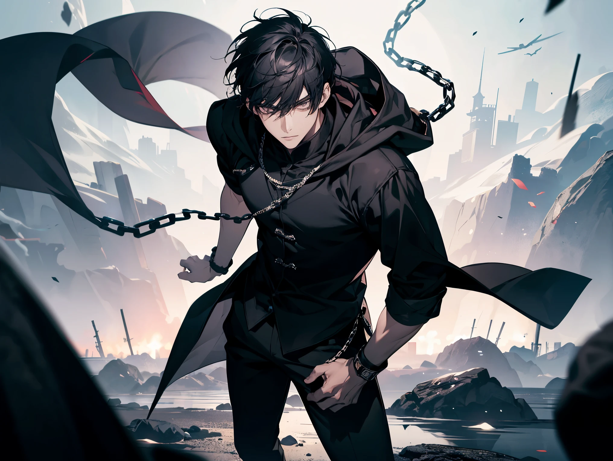 1 male, teacher, wearing black shirt, rolled up sleeves, black long pants, black hair, short hair, face to detail, detailed eyes, dark grey eyes, hood, the background is space in china. In a fighting position. Silver chains everywhere. Holding a sword standing.