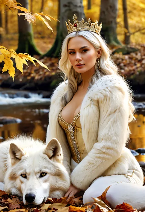 Masterpiece, A beautiful queen, crowned with gold and diamonds sits in the forest in autumn, accompanied by a large white wolf, ...