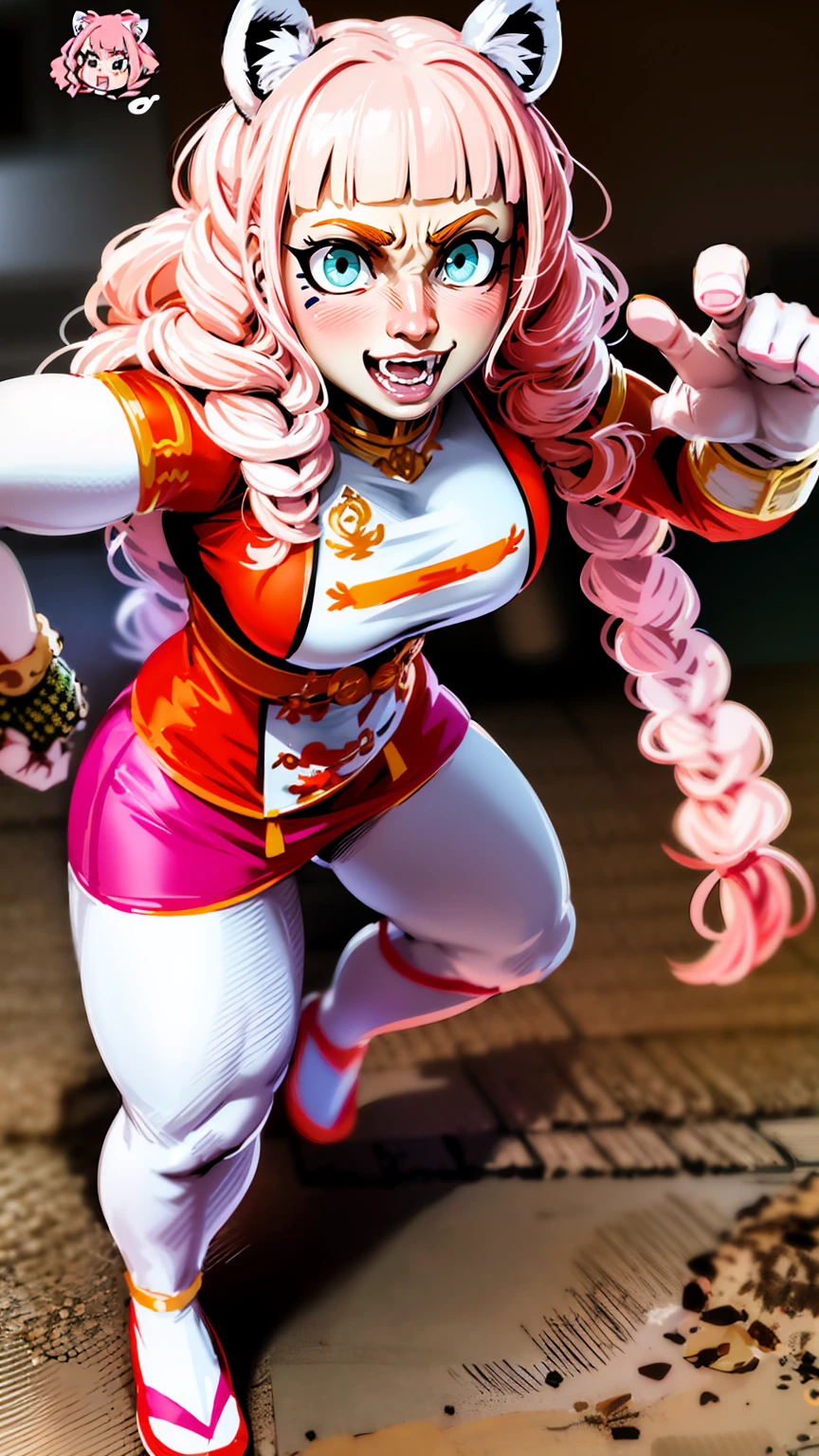 , tiger ears, tiger tails, martial art, medium chest, pink hair, skirt, jacket, godess,1girl,coat,standing,, solo focus.1character, holy catholic mountain,refsheet, character focus, 1character,fangs, cloused mouth,pink hair, green eyes