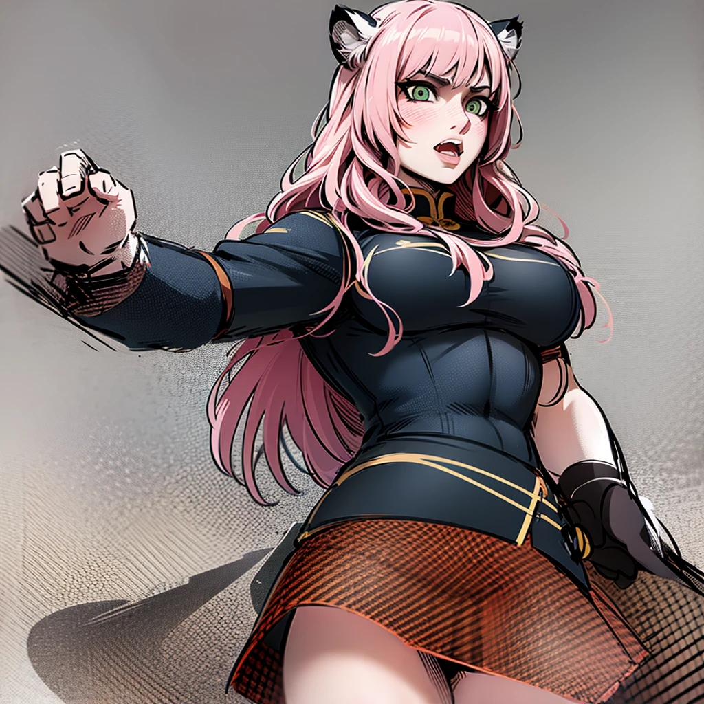 , tiger ears, tiger tails, martial art, medium chest, pink hair, skirt, jacket, godess,1girl,coat,standing,, solo focus.1character,,refsheet, character focus, 1character,fangs, cloused mouth,pink hair, green eyes, chinese dress, tomboy,
