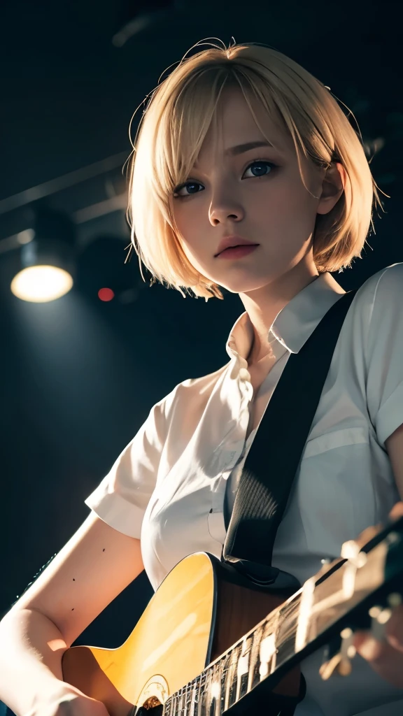 A short blonde haired sweden girl, bob cut, bang, blue eyes, 14 years old, young, pale skin, wearing a white silky dress, feeling anxiety, sad, sweaty, Ultra high res, uhd, (photorealistic:1.4), close up, doll-like face, in a dark room dramatic lighting, playing guitar, guitar, electric guitar