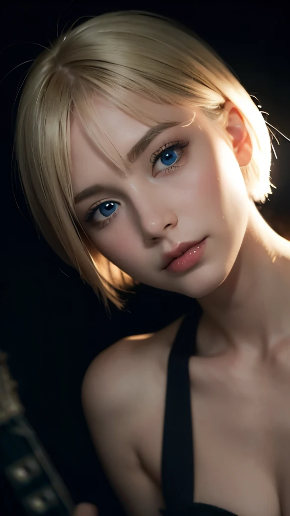 A short blonde haired sweden girl, bob cut, bang, blue eyes, 14 years old, young, pale skin, wearing a white silky dress, feeling anxiety, sad, sweaty, Ultra high res, uhd, (photorealistic:1.4), close up, doll-like face, in a dark room dramatic lighting, playing guitar, guitar, electric guitar