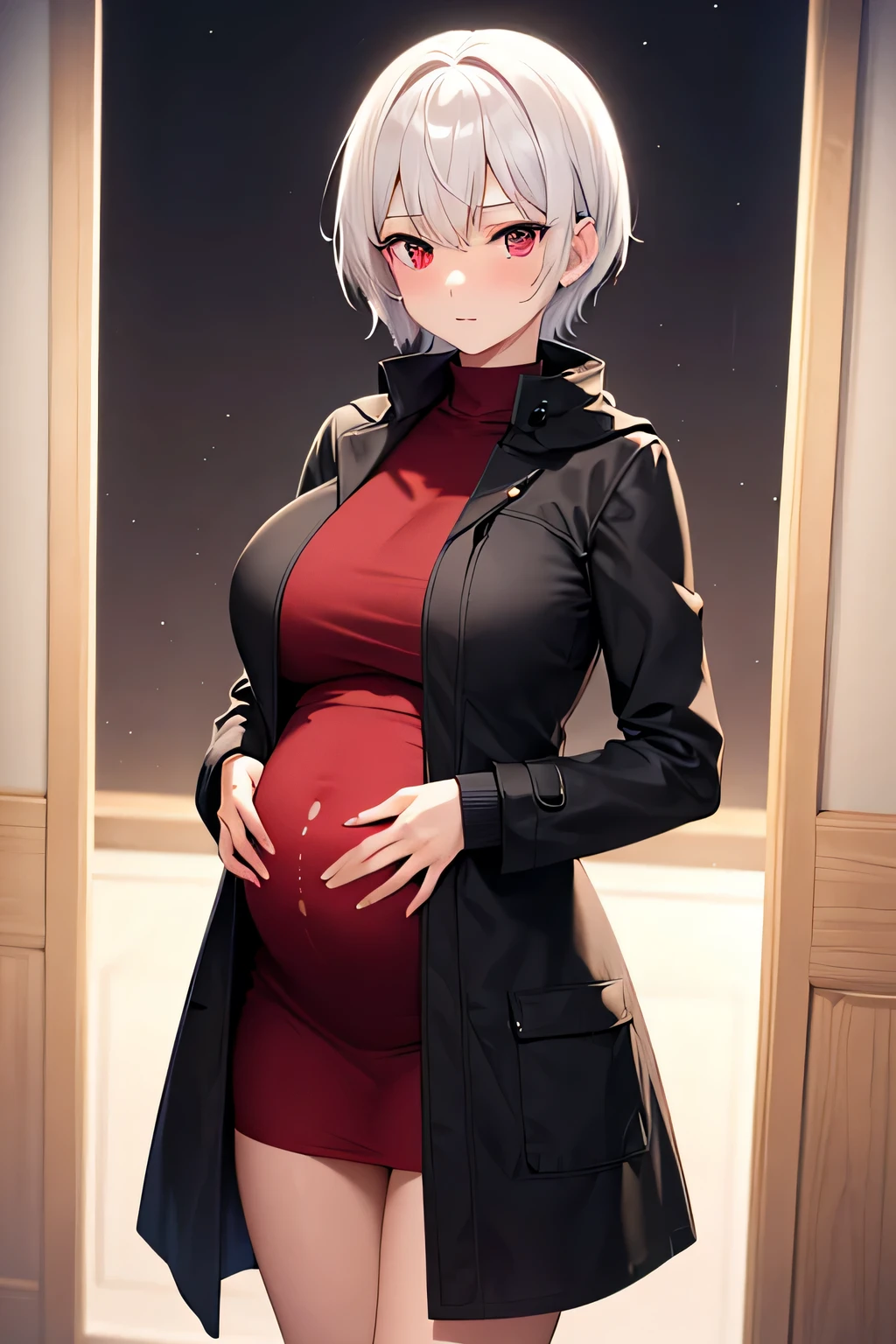 Anime pregnant woman in red dress and black coat posing for picture -  SeaArt AI