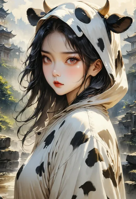 girl, alone, cow pajamas, cute panda, watercolor, realistic, detailed background, (masterpiece, best quality, perfect compositio...