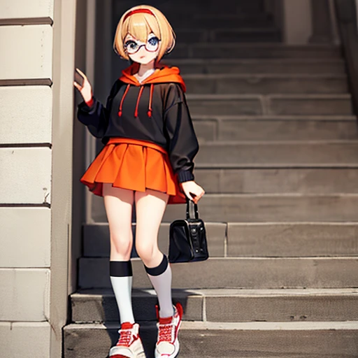 ((best quality)), ((masterpiece)), (detailed), (perfect face), (pale skin), (rosy cheeks), (freckles), (light-blue eyes), (super-short, blonde hair), (Pixie-haircut), (boyish-haircut), (Round-framed glasses), (red headband), (orange hoodie), (black mini-skirt), (red thigh-high socks), (white tennis shoes), (red, (long, black eyelashes), (standing on a staircase)