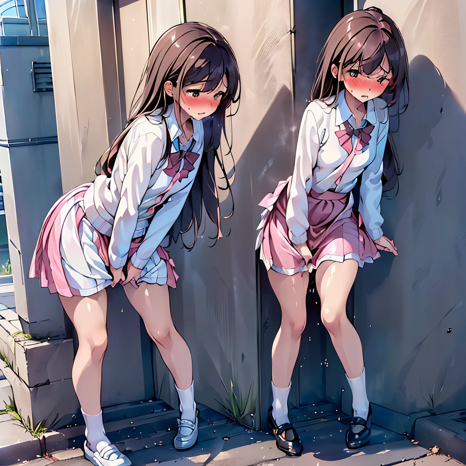 Anime girl in a short skirt leaning against a wall - SeaArt AI