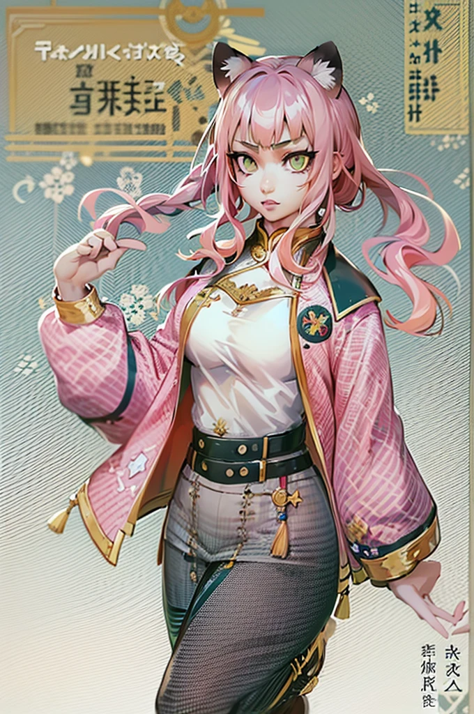 tiger ears, tiger tails, martial art, medium chest, pink hair, skirt, jacket, godess,1girl,coat,standing,, solo focus.1character,,refsheet, character focus, 1character,fangs, cloused mouth,pink hair, green eyes, chinese dress, tomboy,shoes, full body, martial pose karate, kemono mimi, solo focus,