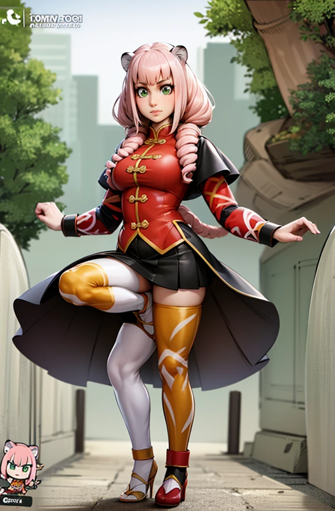 tiger ears, tiger tails, martial art, medium chest, pink hair, skirt, jacket, godess,1girl,coat,standing,, solo focus.1character,,refsheet, character focus, 1character,fangs, cloused mouth,pink hair, green eyes, chinese dress, tomboy,shoes, full body, martial pose karate, kemono mimi, solo focus,