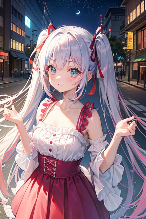 (rainbow colored hair, colorful hair, half silver、half pink hair: 1.2), ,long hair、(Cinematic digital artwork: 1.3), high quality, table top, Turquoise eyes、最high qualityの, Super detailed, figure, [4K digital art]!!、 Kyoto animation style,Turquoise eyes、 one woman, clavicleの美しさ, clavicle, light, want, blue sky, positive, Dead leaves dance、full moon、On a tree-lined street、taking a walk、((red、transparent silver dress sedan sexy clothes))、（（Scarlet、Polka dot unset, motivation, shine, dynamic perspective、Blue glasses、Green ribbon、twin tails、embarrassed face、cute face、happy face