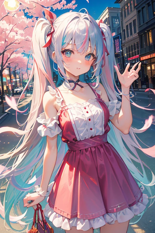 (rainbow colored hair, colorful hair, half silver、half pink hair: 1.2), ,long hair、(Cinematic digital artwork: 1.3), high quality, table top, Turquoise eyes、最high qualityの, Super detailed, figure, [4K digital art]!!、 Kyoto animation style,Turquoise eyes、 one woman, clavicleの美しさ, clavicle, light, want, blue sky, positive, Dead leaves dance、full moon、On a tree-lined street、taking a walk、((red、transparent silver dress sedan sexy clothes))、（（Scarlet、Polka dot unset, motivation, shine, dynamic perspective、Blue glasses、Green ribbon、twin tails、embarrassed face、cute face、happy face