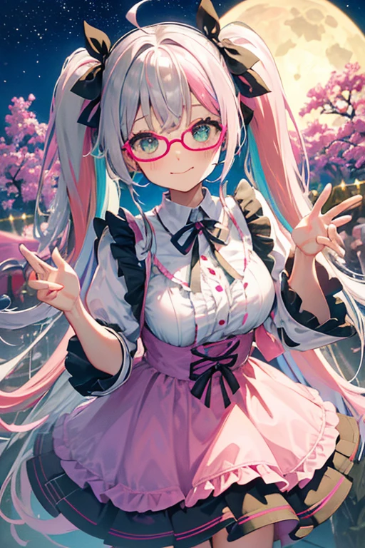 (rainbow colored hair, Glasses、colorful hair, half silver、half pink hair: 1.2), ,long hair、(Cinematic digital artwork: 1.3), high quality, table top, Turquoise eyes、最high qualityの, Super detailed, figure, [4K digital art]!!、 Kyoto animation style, one woman, clavicleの美しさ, clavicle, light, want, blue sky, positive, Dead leaves dance、full moon、See-through、（pink and yellow、Gothic Lolita)、scarlet polka dot unset, motivation, shine, dynamic perspective、青いGlasses、Green ribbon、twin tails、embarrassed face、cute face、happy face