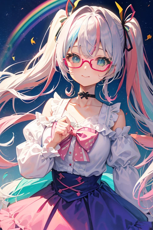 (rainbow colored hair, Glasses、colorful hair, half silver、half pink hair: 1.2), ,long hair、(Cinematic digital artwork: 1.3), high quality, table top, Turquoise eyes、最high qualityの, Super detailed, figure, [4K digital art]!!、 Kyoto animation style, one woman, clavicleの美しさ, clavicle, light, want, blue sky, positive, Dead leaves dance、full moon、See-through、（pink and yellow、Gothic Lolita)、scarlet polka dot unset, motivation, shine, dynamic perspective、青いGlasses、Green ribbon、twin tails、embarrassed face、cute face、happy face