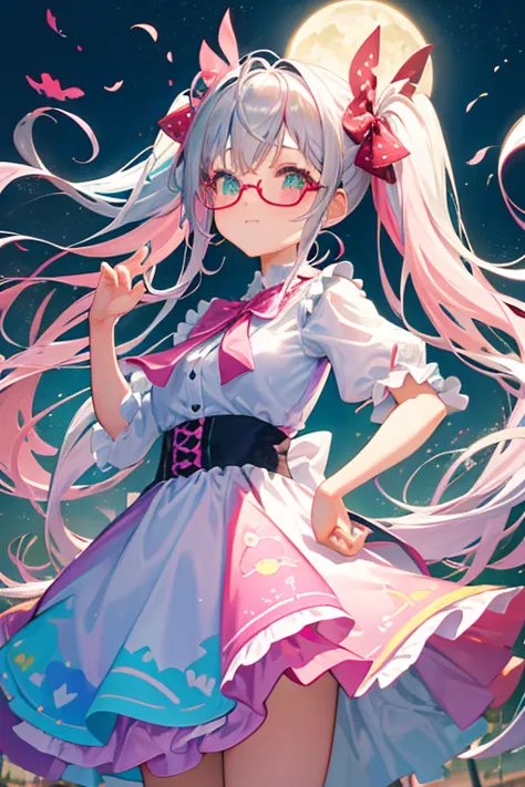 (rainbow colored hair, Glasses、colorful hair, half silver、half pink hair: 1.2), ,long hair、(Cinematic digital artwork: 1.3), hig...