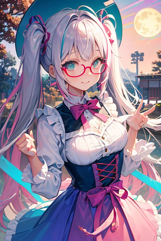 (rainbow colored hair, Glasses、colorful hair, half silver、half pink hair: 1.2), ,long hair、(Cinematic digital artwork: 1.3), high quality, table top, Turquoise eyes、最high qualityの, Super detailed, figure, [4K digital art]!!、 Kyoto animation style, one woman, clavicleの美しさ, clavicle, light, want, blue sky, positive, Dead leaves dance、full moon、See-through、（pink and yellow、Gothic Lolita)、scarlet polka dot unset, motivation, shine, dynamic perspective、青いGlasses、Green ribbon、twin tails、embarrassed face、cute face、happy face