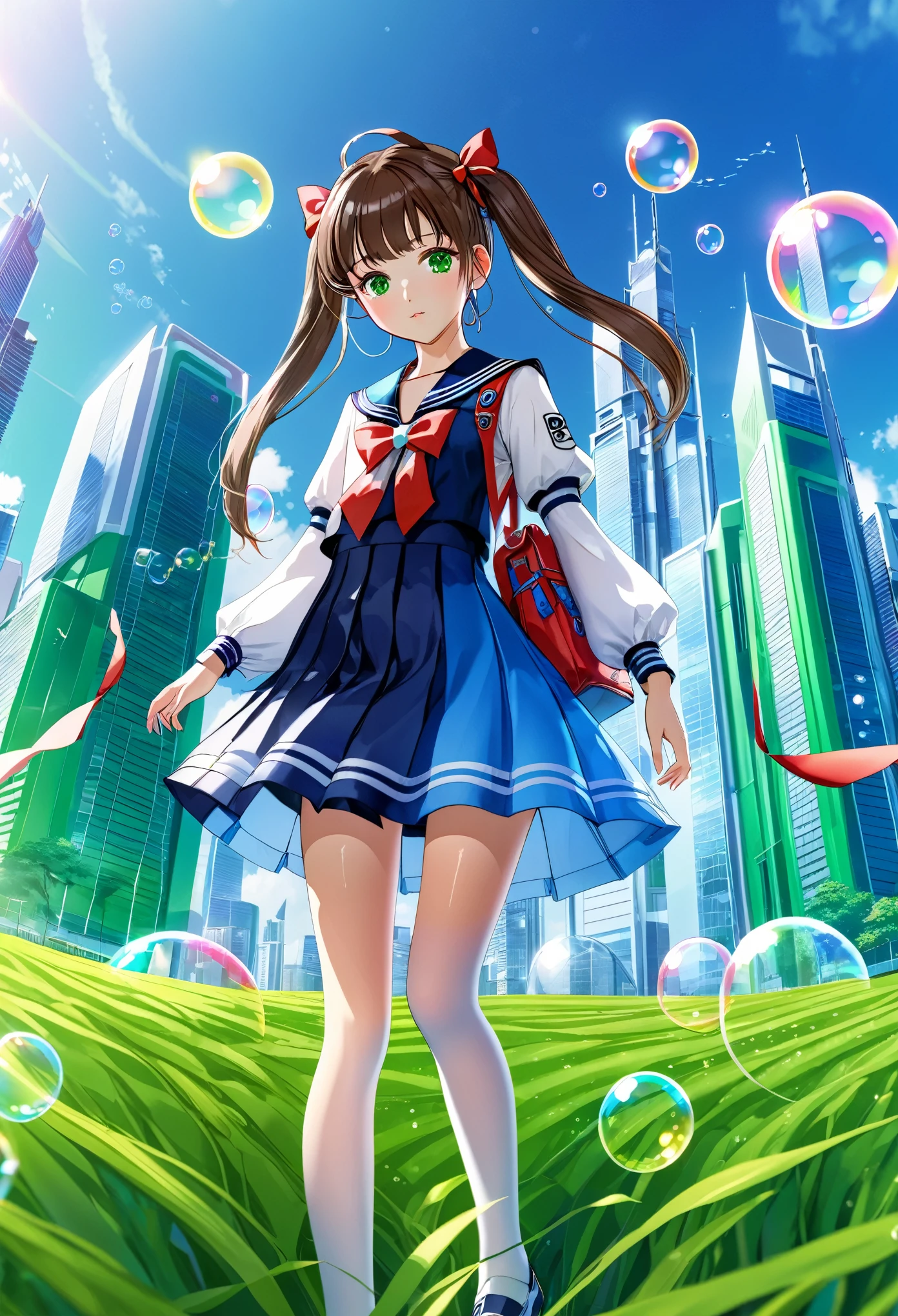 (best quality,4k,highres),ultra-detailed,realistic,portraits, Japaneese school girl, green eyes, long brown hair,anime style,futuristic, Frutiger Aero aesthetic, eco- modernism, bokeh, ribbon headband,small breast,futuristic sailor lolita dress,puffy sleeves,white and blue,colorful lighting, red ribbon, navy blue pantyhose, school shoes, school bag, school crest, floating bubbles, standing in a green field with futuristic skyscrapers in the background, tertiary colors, highly detailed, 4K.