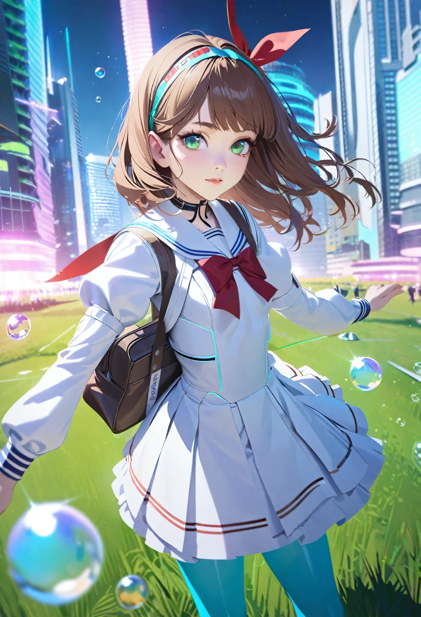 (best quality,4k,highres),ultra-detailed,realistic,portraits, Japaneese school girl, green eyes, long brown hair,anime style,futuristic, Frutiger Aero aesthetic, eco- modernism, bokeh, ribbon headband,small breast,futuristic sailor lolita dress,puffy sleeves,white and blue,colorful lighting, red ribbon, navy blue pantyhose, school shoes, school bag, school crest, floating bubbles, standing in a green field with futuristic skyscrapers in the background, tertiary colors, highly detailed, 4K.