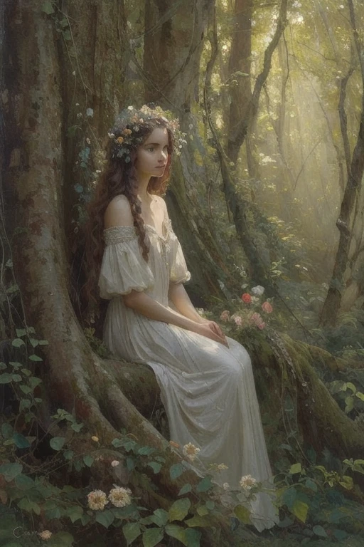 OIL PAINTING,IMPRESSIONISM,medium full view, amidst the ancient woodland, the image captures the ethereal beauty of a young dryad. her long, braided brown hair cascades like flames, entwining with (vines and flowers that form her ornate dress:1.2), the air is filled with colorful petals, and dappled sunlight paints a mesmerizing tapestry on the forest floor, dense foliage, gnarled roots and branches, beams of sunlight, ethereal, mysterious, wondrous, chiaroscuro, masterpiece, best quality,BICHU