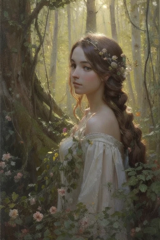 peinture à l&#39;huile,Impressionnisme,vue complète moyenne, au milieu de la forêt ancienne, the image captures the éthéré beauty of a young dryad. Sa longue, Des cheveux bruns tressés cascadent comme des flammes, s&#39;entrelaçant avec (vignes et fleurs qui forment sa robe ornée:1.2), l&#39;air est rempli de pétales colorés, et la lumière du soleil tachetée peint une tapisserie fascinante sur le sol de la forêt, feuillage dense, racines et branches noueuses, rayons de soleil, éthéré, mystérieux, merveilleux, clair-obscur, chef-d&#39;œuvre, Meilleure qualité,bichu