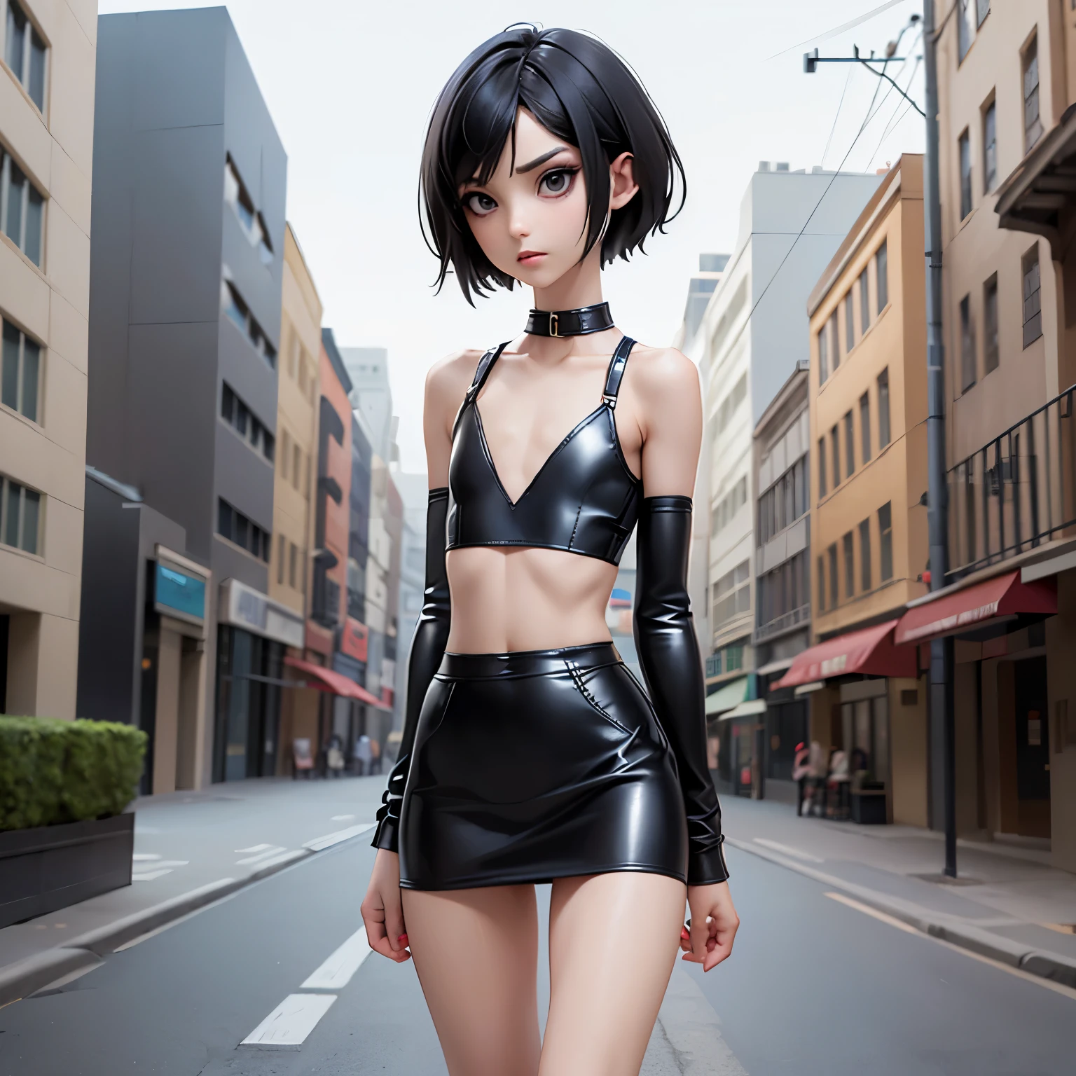 young biatonamite、short hair、black hair、((Super Skinny:1.2))、((flat chest:1.4))、((small body:1.2))、thin legs、((thin thighs))、((independent thighs) ))、walking down the street、leather crop top、leather micro skirt、combat boots、Emo makeup