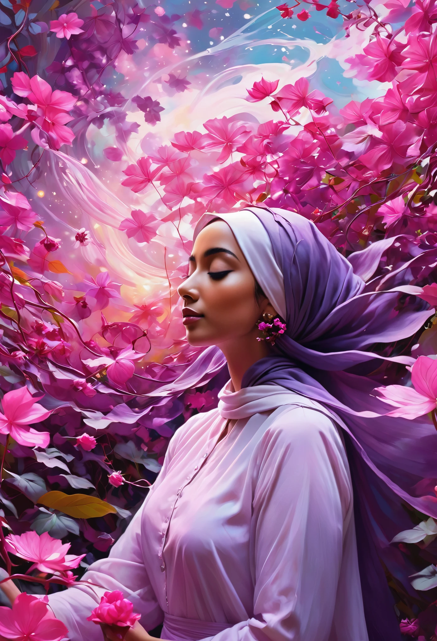 schöner Hijab Ein fesselndes digitales Gemälde, inspiriert vom unverkennbaren Stil von Norman Rockwell, mit einer heiteren jungen Frau, die inmitten eines wirbelnden Tanzes aus rosa und lila Blüten, Blättern und Ranken steht. Sie ist umgeben von einem pflanzlichen Wesen, mit ineinander verschlungenen Wurzeln und Blüten, ein Gefühl von Tiefe und Bewegung erzeugen. Die Frau strahlt Entschlossenheit und Ruhe aus, als wäre sie vollkommen im Einklang mit dem natürlichen Rhythmus des Universums. Das Gesamtambiente des 