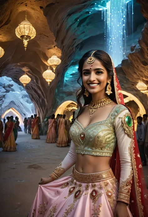 grand wedding scene, guests and beautiful smiling couple: man avatar green skin green avatar green man dress, indian girl in leh...