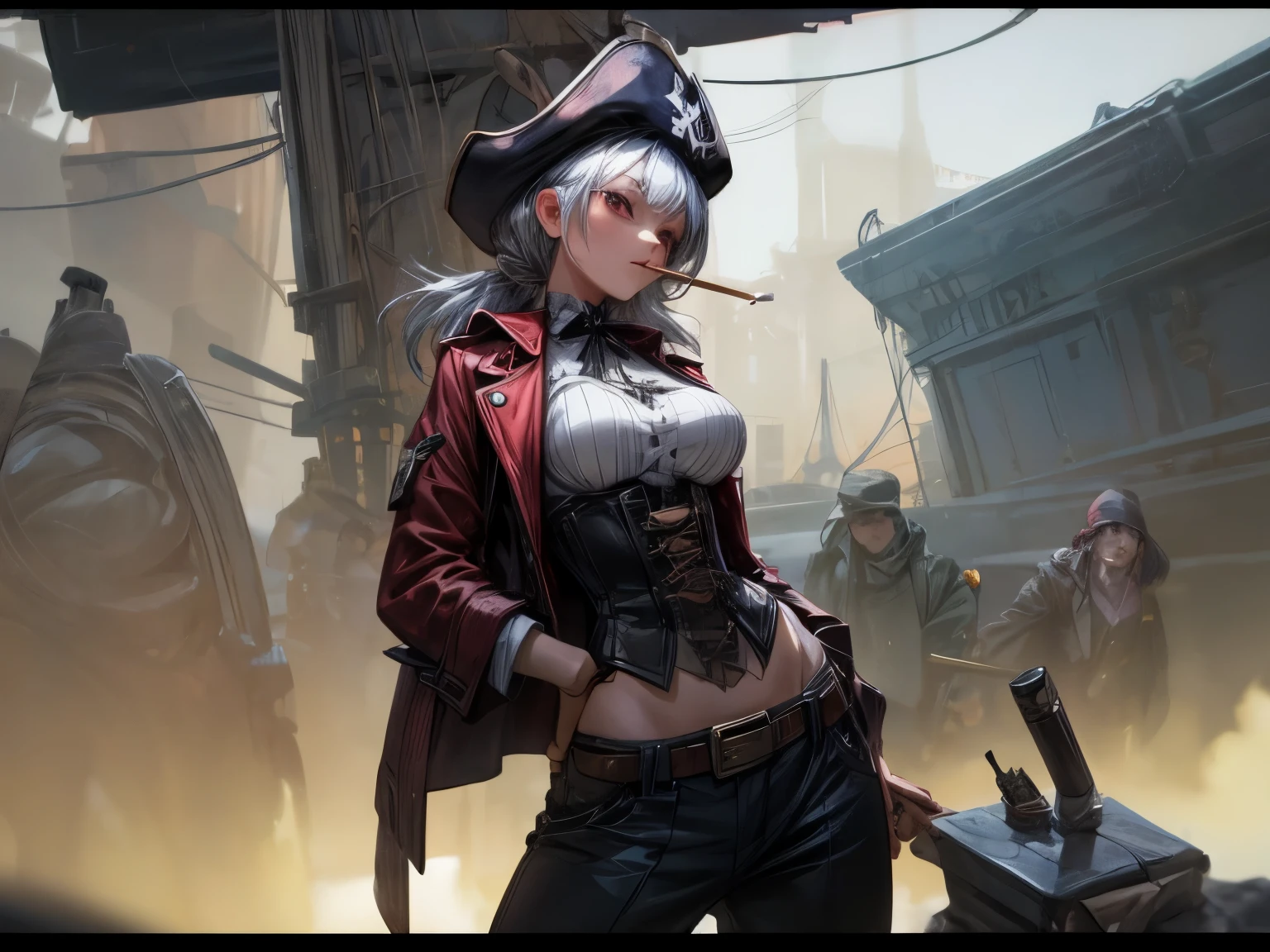 smoking girl, pirate girl, she smokes a cigar, she's old, silver hair, large breast, normal hips, red eye, she's wearing a hat, she's wearing a long jacket, she's wearing a corset, she's wearing pants, she has a gun, she shots with her gun, she's in movement, ambient smoke, more smoke, she's on a boat, she's fighting