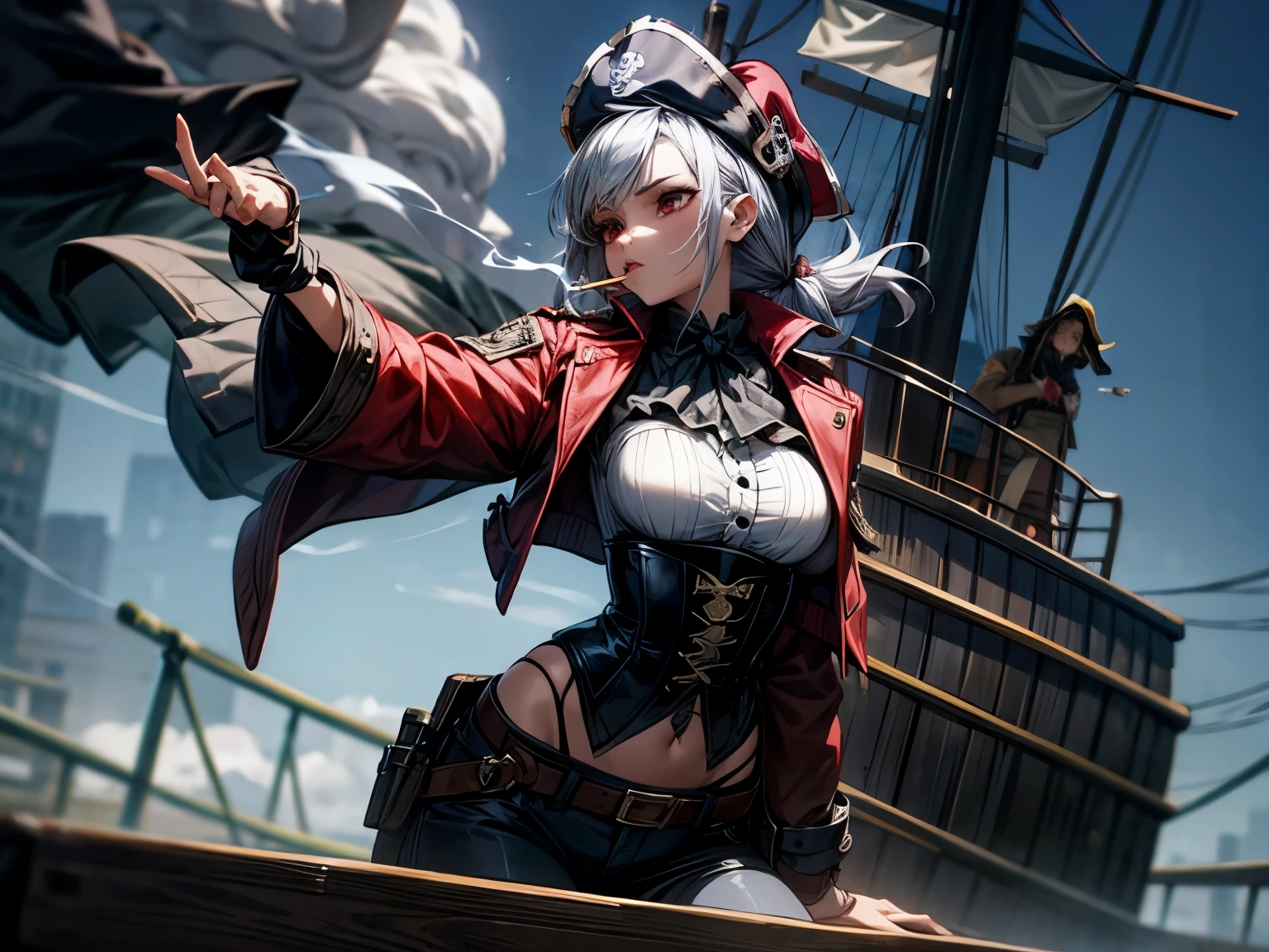 smoking girl, pirate girl, she's old, silver hair, large breast, normal hips, red eye, she's wearing a hat, she's wearing a long jacket, she's wearing a corset, she's wearing pants, she has a pistol, she shots with the pistol, she's in movement, ambient smoke, more smoke, she's on a boat, she's fighting,