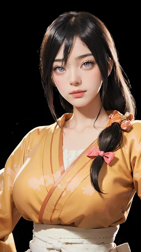 （（（perfect figure，figure，orange kimono, obi，hakama skirt，hana，flame print kimono，（（（hyuuga hanabi，low tied long hair，hair bow，Li...
