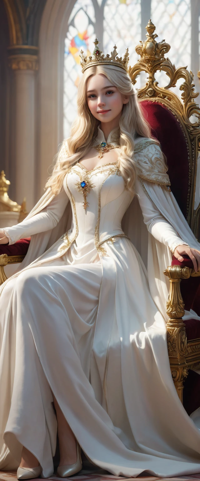 Grateful girl, blonde long hairs, with white dress and cloak, the crown in the head, sit in the throne with the queen, she is very kind, she is sweety smile, full body, high quality, high details, artistic style, respectful attitudeextremely detailed) CG unity, 8k wallpaper, (cinematic angle)