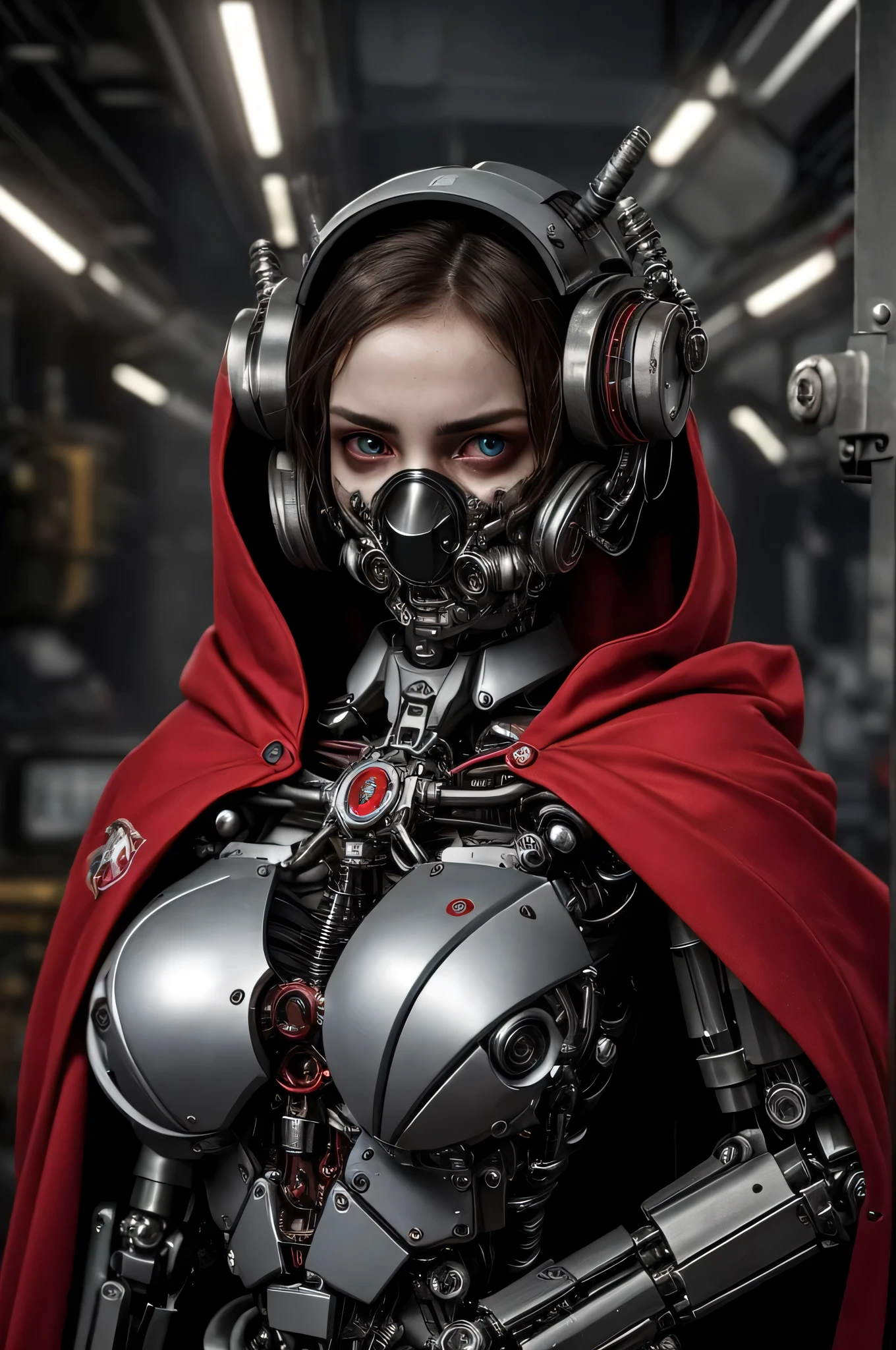 The picture shows a (cute) Adeptus Mechanicus girl. Her gaze is penetrating with bionic eyes, and her face is hidden under a mask with monitors and LEDs. Graceful mechanical limbs complete her elegant appearance, and her outfit emphasizes her strength and uniqueness in the world of technology, cute girl, red cloak , ful body, full legth, pensive, penetrating gaze,  dark theme, gritty atmosphere, dark fantasy,