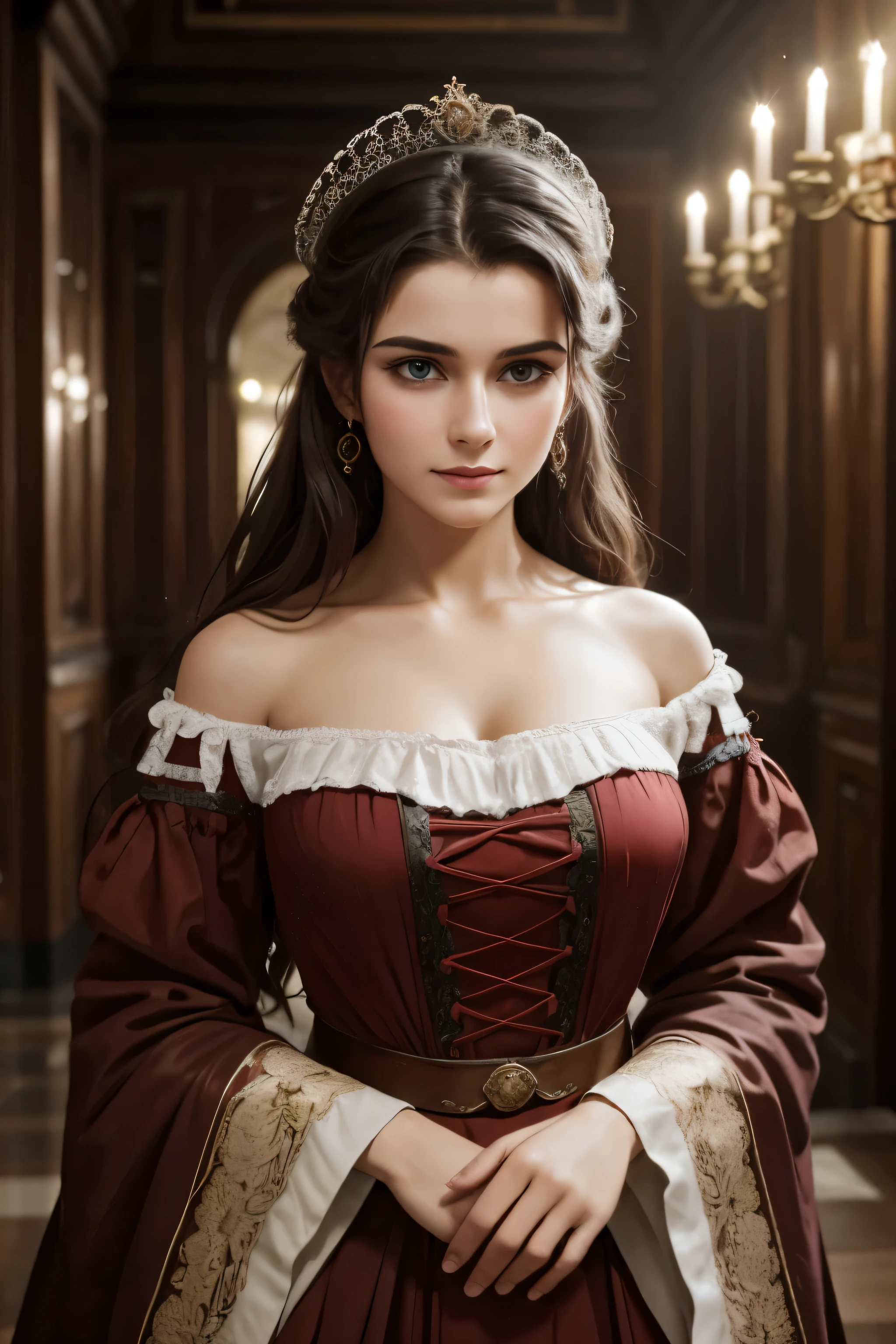 raw photo. Anna Karenina 2, dressed in period clothing, Russia, 19th century AD, perspective, half body detail, sharp focus, slight blending, detail, feeling like it's medieval, (high skin detail: 1,2), 8k uhd, dslr, soft light, high quality, Fujifilm XT3 grainy films.