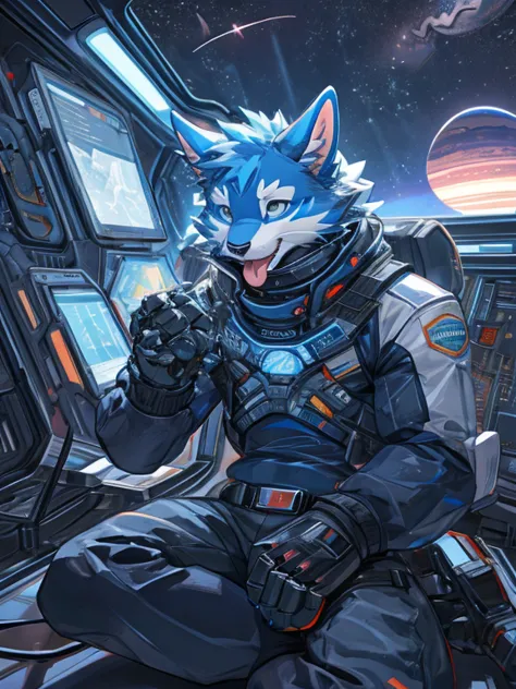 furry, blue cat, the setting is a space with stars and planets, there are shooting stars,a defective robot mask, his body is rob...