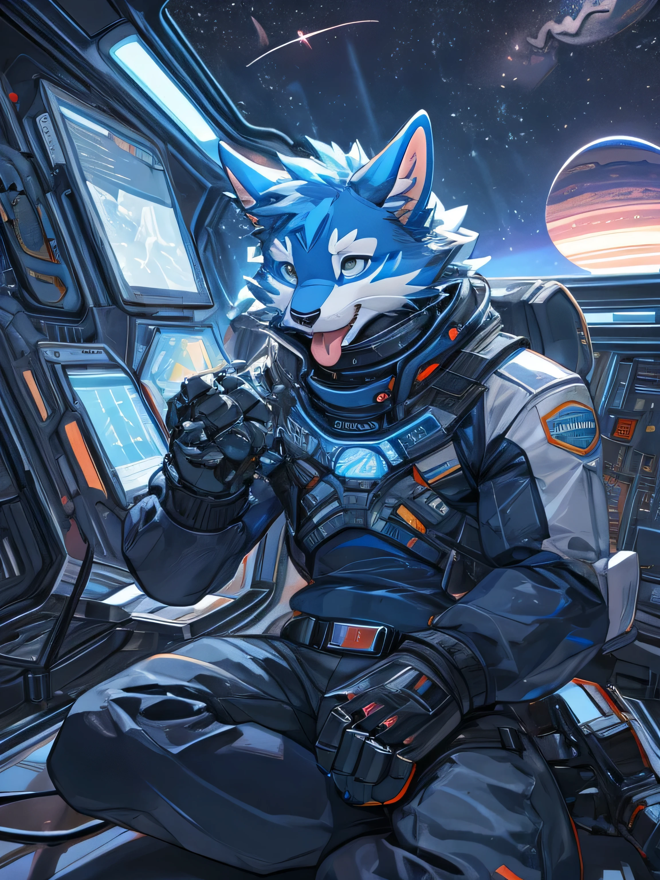 furry, blue cat, the setting is a space with stars and planets, there are shooting stars,a defective robot mask, his body is robotic, part of his body has electrical cables, but part of its body is also that of an animal, its paws are exposed, is sitting in his spaceship, He's sticking his tongue out like an ahegao.