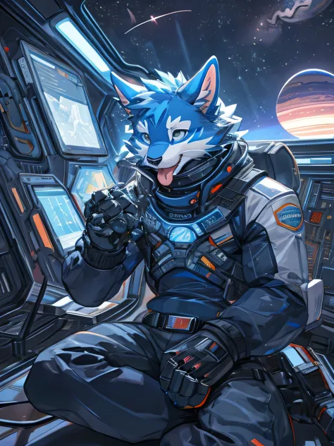 furry, blue cat, the setting is a space with stars and planets, there are shooting stars,a defective robot mask, his body is rob...