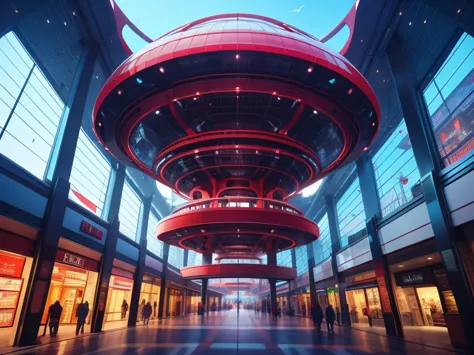 futuristic structure made of red steel in the center of a shopping center