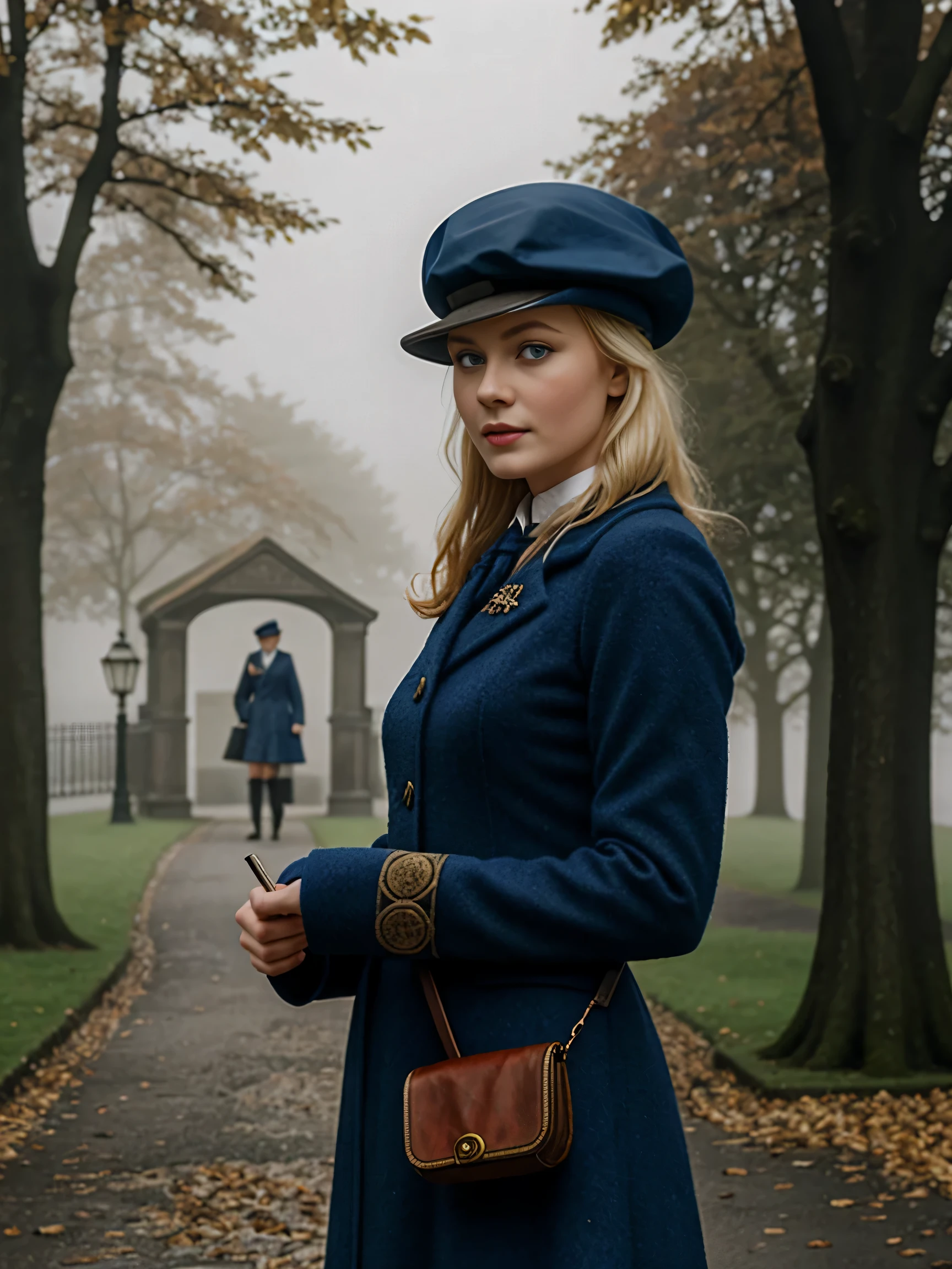 blond woman with blue eyes, wears a deerstalker cap, dressed like Sherlock Holmes, hyperrealistic , 2, masterpiece, wear a oldstyle victorian dress, oldstyle, outdoor, old London City, foggy Atmosphere, 