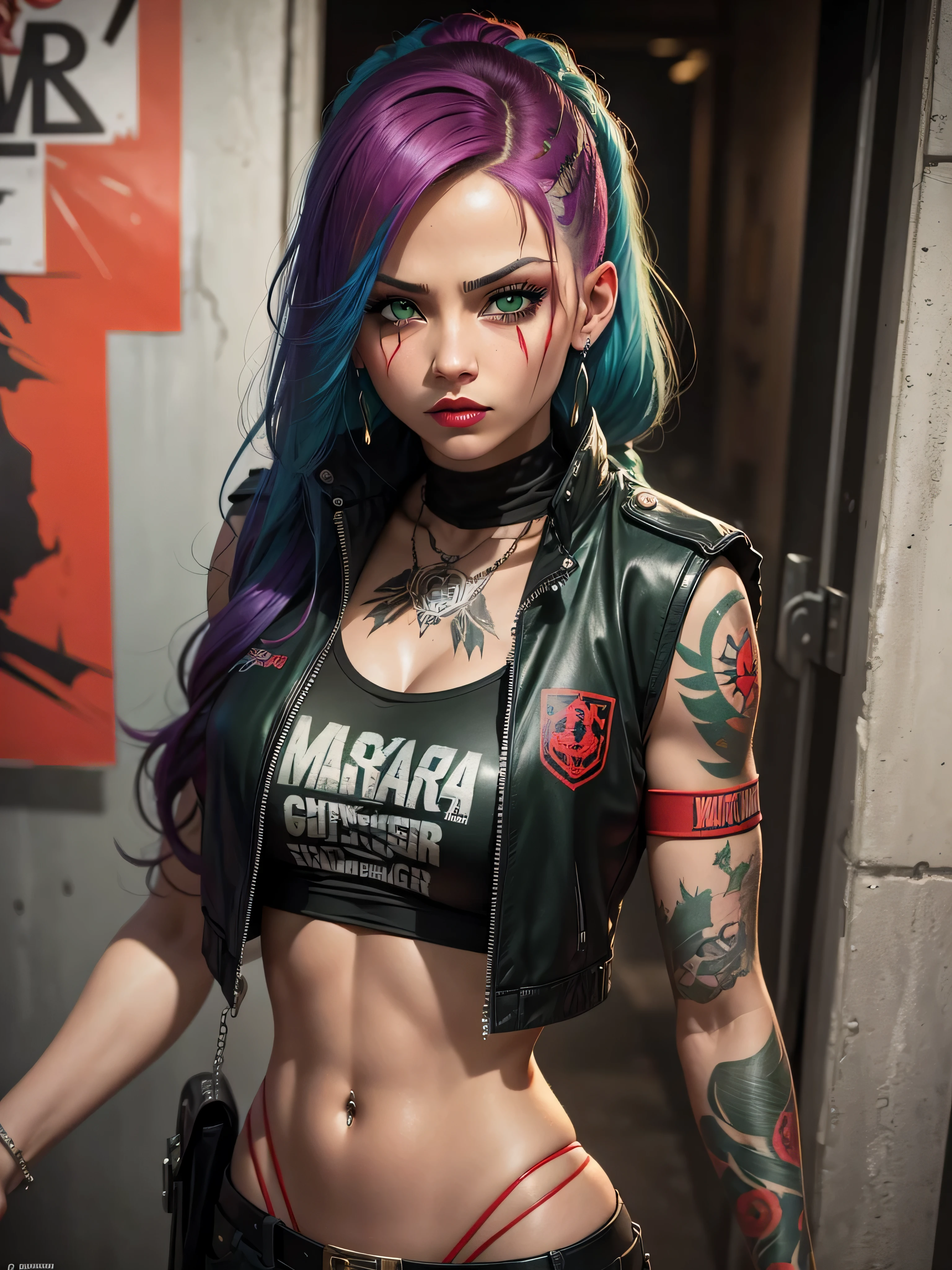 poster for Mara Salvatrucha, commonly known as MS-13, is an international criminal gang that originated in Los Angeles, California, painting of a Salvatrucha beautiful girl green eyes, red lips, with tattoos gangster style poster for the gang