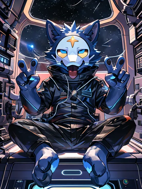 furry, blue cat, the setting is a space with stars and planets, there are shooting stars,a defective robot mask, his body is rob...