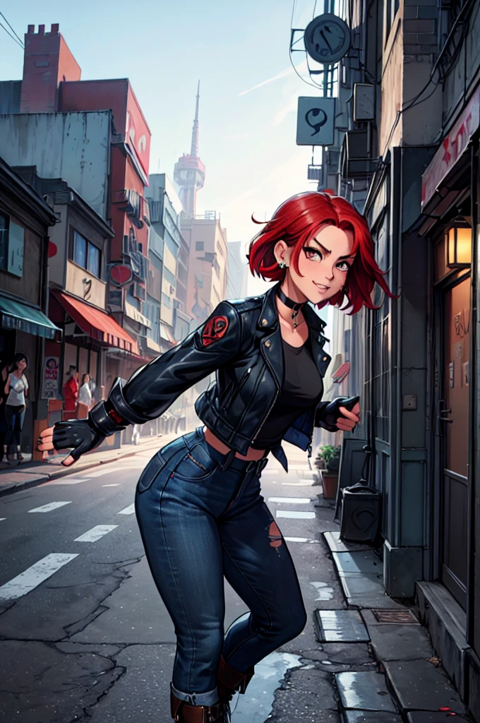 a eles são girl in the art style of persona5 and in the art style of street of rage 4, delinquent, (eles são), maduro female, corar, maduro, mulher mais velha, 2, eles são teacher outfit, ((((1 garota, Sozinho female, Sozinho, Sozinho focus:1,9)))++++, gargantilha, eles são teacher, eles são Lutarer, mangas compridas, open jaqueta, blue jaqueta,( jeans)+++, pele clara feminina, (corpo todo)+++++, jaqueta, biker jaqueta, tape, apoio de braço, luvas, red luvas, manoplas de noiva, esmalte, botas, calçado preto, Lutarer outfit, (corpo todo)+++++++, Ampulheta, maduro face, sorriso malandro, cara atrevida, rugas, (((((cabelo vermelho, cabelo curto, Brincos, piercings nas orelhas)))), olho vermelho, Lutaring art, Artes marciais, de pé, Lutaring stance, Lutar, Lutaring), cores extras, 2D, Megapixels, perfeccionismo, Iluminação de destaque, Full HD , (obra de arte:1.2), (tiro de corpo inteiro:1),(tiro de vaqueiro:1.2), (Altamente detalhado:1.2),(rosto detalhado de anime:1.2), colorida, Um olho detalhado, (paisagem detalhada:1.2), (iluminação natural:1.2), ((eles são school teacher)) por Vincent Di Fate: Ajuda, Tiro Anamórfico, regra dos terços, rosto por Artgerm e WLOP, ((rua da raiva 4 cenário da cidade)), cenário de cidade fictícia no estilo artístico de Street of Rage 4, estilo anime Gainax, estúdio ganhoax art, estúdio ganhoax illustration, inspired por Masamune Shirow, estúdio ganhoax, por Masamune Shirow, lindo personagem de evangelion, rua da raiva 4 arte, ilustração de rua da raiva 4,