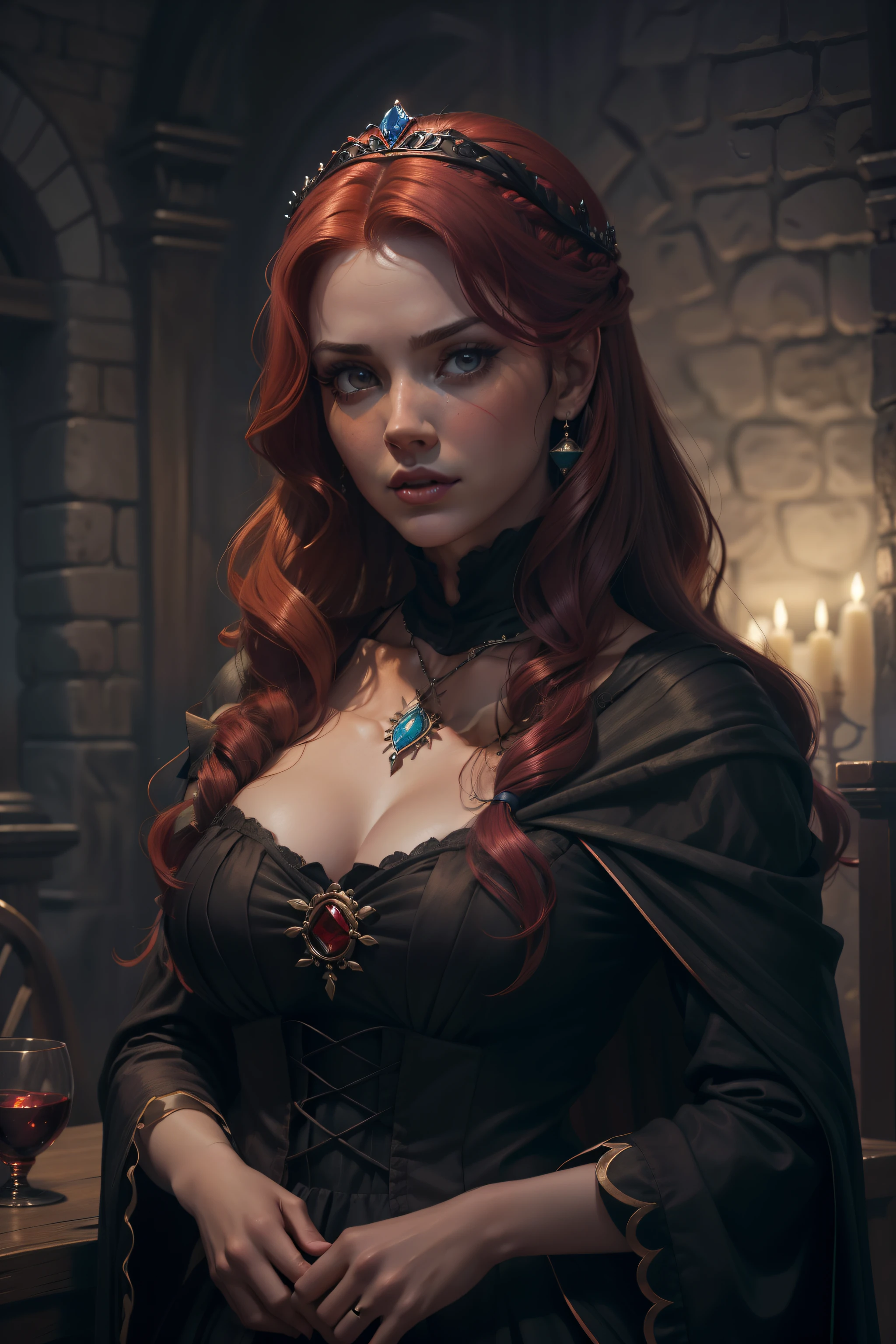 painting of a woman with red curly hair and a choker in a black dress, John Collier art style, maiden with copper hair, style of karol bak, a redhead curly haired woman, portrait of a witch, Non Bowater art style, Directed by: Roberto Lenkiewicz, brom gerald, Albert Lynch, Dave Sim, Red-haired woman in a gloomy palace, black and purple velvet dress using a kokoshnik, luxurious dress purpura , head adornment, Lace choker, woman sexy, fleshy lips, bountiful breasts, sculptural body, wearing a black shawl over her shoulders with embroidered purple flowers, wearing a head adornment and jewelry on the neck , woman sexy, seductive bard, mulher de cabelos cacheados e bountiful breasts, Princess with malicious and cruel expression, round and beautiful face, chubby woman, beautiful and fat body, cabelo volumoso e bountiful breasts, cute hair, jovem e bonita, round face malicious look, Plump face, Angel&#39;s face, cherub face, diabolical expression, luxurious dress, noble dress, princess dress, Plump body, woman sexy, Cute plump body, perfects eyes, beautiful and perfect face, face perfect, thick lips, fleshy lips, full pouty lips, juicy lips, elaborate dress, nice dress, noble woman dress, purple dress, stylish dress, rich woman dress, Princess dress of the Middle Ages, perfects eyes, amber eyes, victorian dress, vestio purpura, purple dress, nice dress, perfect hands, beautiful hands