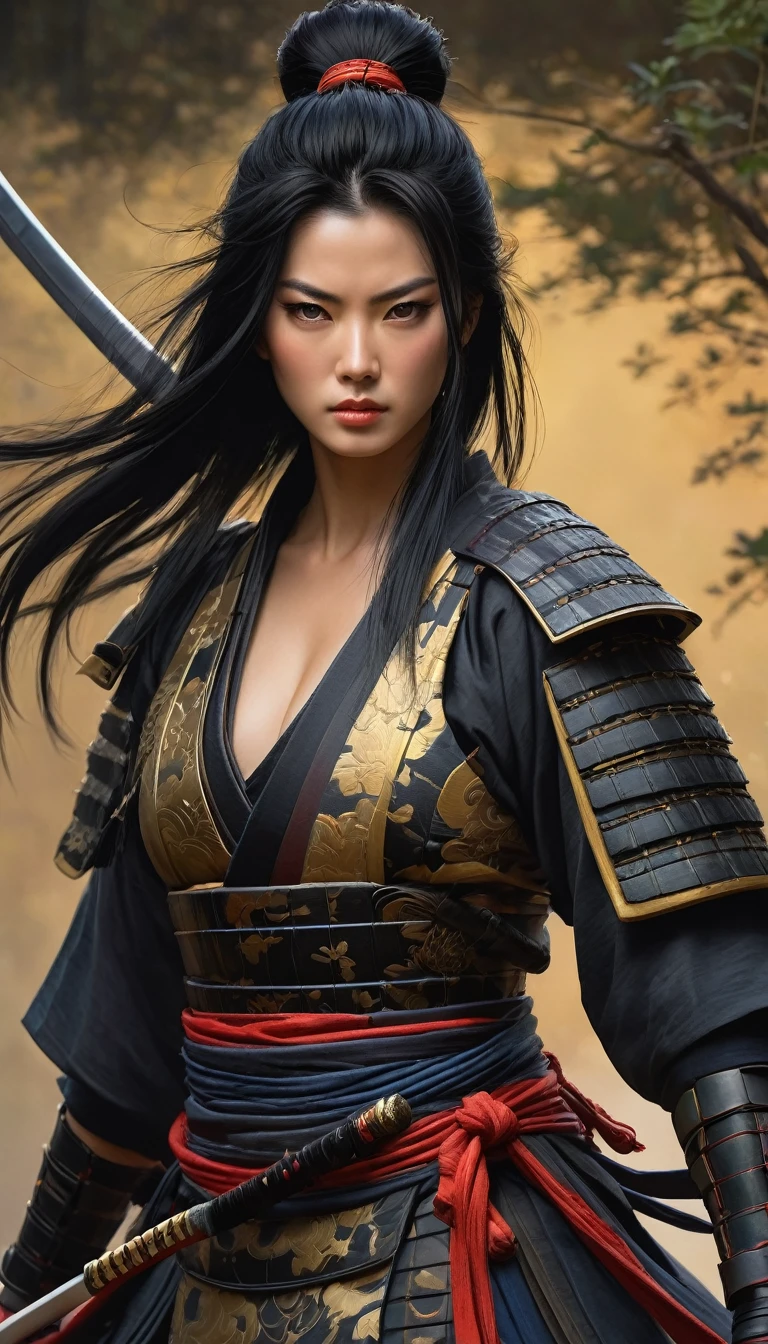 Samurai/warrior/samurai.A female warrior figure、The evil spirit of black hair shocks the painting of the extremely beautiful warrior, High-end, exquisite and beautiful figure paintings, , digital painting style, A beautiful artistic illustration, beautiful gorgeous digital art, (best quality,4K,8k,high resolution,masterpiece:1.2),super detailed,(actual,photoactual,photo-actual:1.37)