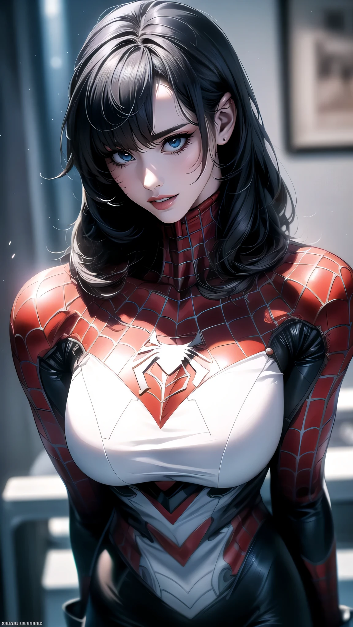 spiderman mecha armor,(random pose:1.2),(random hairstyle),(large breasts),(Highest image quality, (8K), Ultra-realistic, Best Quality, High quality, High Definition, high quality texture, high detailing, Beautiful detailed, fine detailed, extremely details CG, Detailed texture, realistic representation of face, masterpiece, presence),black pantyhose