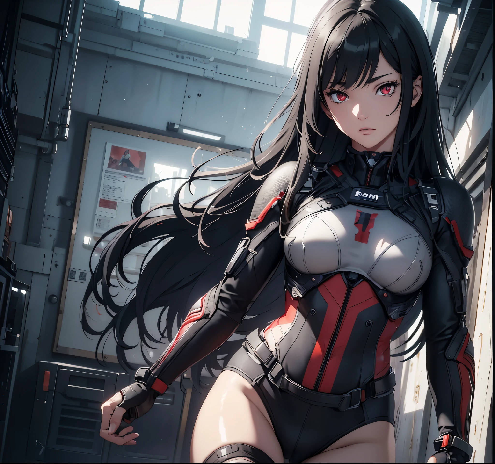 realistic, Beautiful detailed girl, combat suit, clear and beautiful, Personage as the main perspective, shiny_skin, girl,woman,female, young,19 years old, (long hair), bangs, black hair, (beautiful detailed Glass hair), long hair,beautiful detailed cold face, cold expression, complex details beautiful and delicate eyes, fingernails, medium_breasts, red  eyes, Authentic skin texture, gleaming skin,(racing bloomers:1.3),bloom,(line art:1.2),realistic illustration,(unreal engine),(GoPro),(insanely detailed),perfect shading,(digital art),(ray tracing),(intricate detailed),creative refinement,(dark atmosphere)