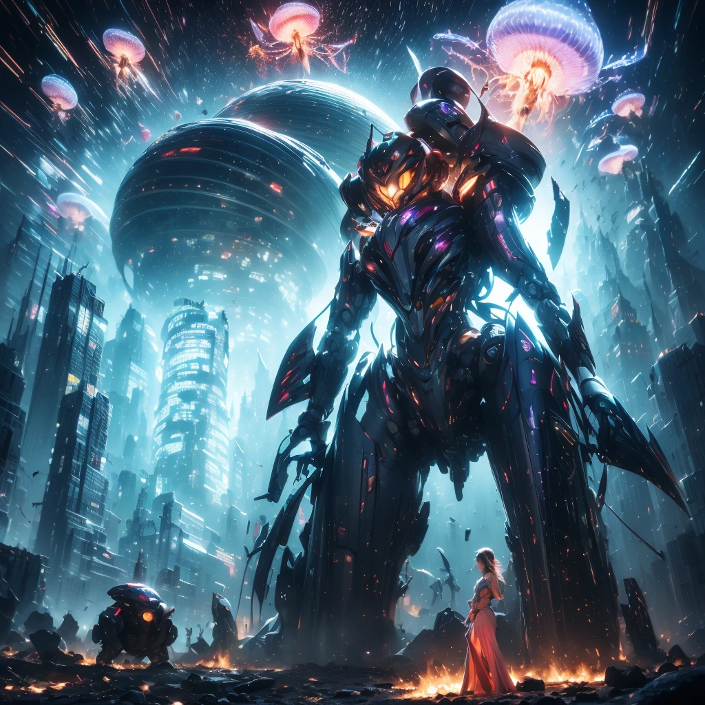 (highest quality、4k、8k、High resolution、master piece: 1.2)、Super detailed、(real、photorealistic、photorealistic: 1.37)、Destruction of a Great City、(A telekinetic woman stands in front of a giant jellyfish robot controlled by an invader.:1.37) 、(Women are young and beautiful、18-year-old、unparalleled beauty:1.5)、Insert mental barriers to resist robot attacks、vibrant cityscape、Bright colors、Shining skyscrapers、busy street、Futuristic architecture and technology、Advanced holographic display、Neon light splashes 、dramatic lighting、intense shadow、Awe-inspiring power that exudes from women、Determination in His Eyes、An elegant flowing gown、Dynamic action in the wind、Reach out and rush towards the robot.、A powerful energy emanates from the hands、Blue glowing aura、sparks of electricity、electricity crackling in the air、A vortex of energy surrounding a woman、A fascinating and surreal atmosphere、A sense of danger and impending destruction、Background chaos and destruction、Crumbling buildings、flying debris、Smoke and flames、 The contrast between beauty and destruction、The war between technology and the extraordinary power of young women,A jellyfish robot is destroyed by a telekinetic woman and falls apart